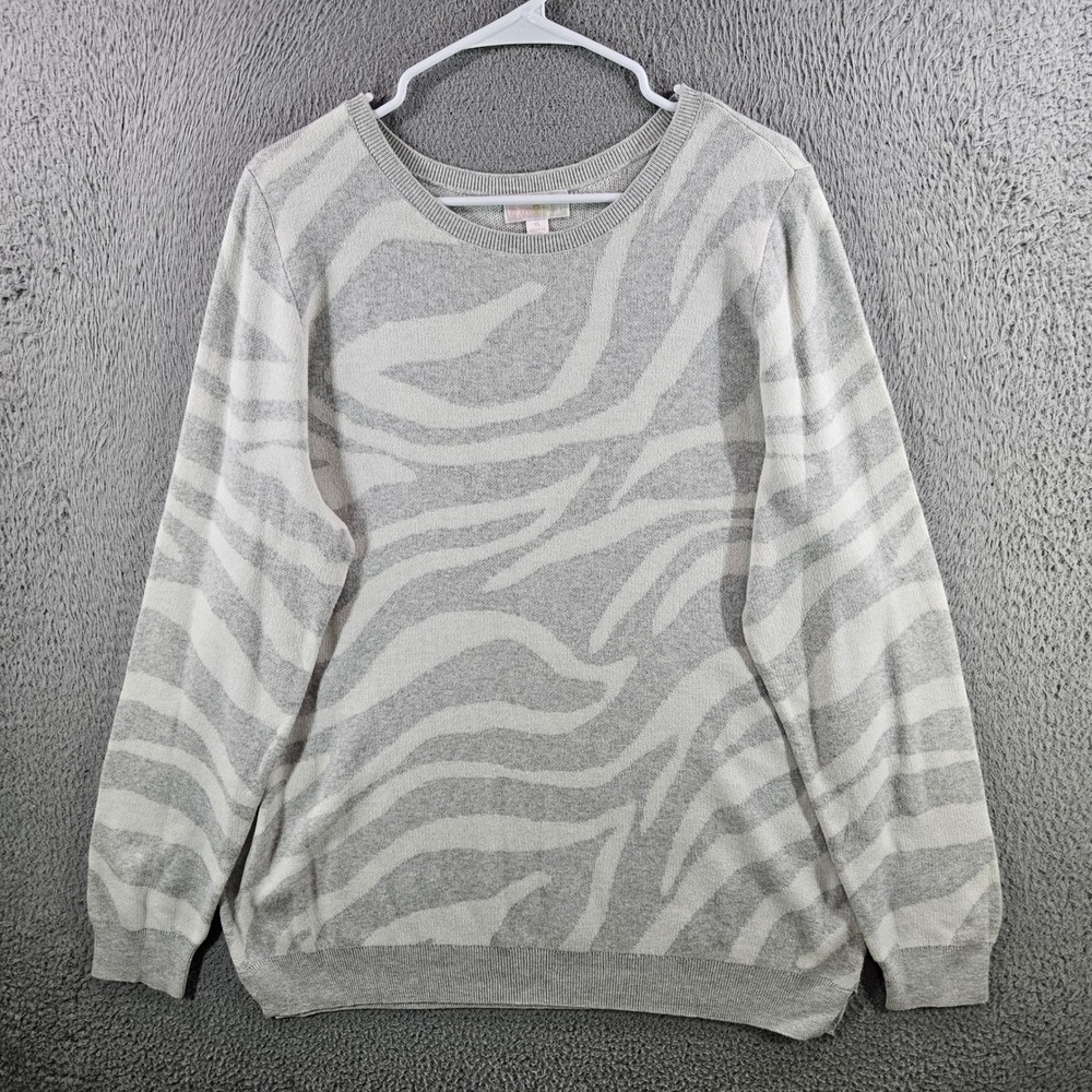 Belle by Kim Gravel Womens XL Grey White Zebra Animal Print Crew Neck Sweater